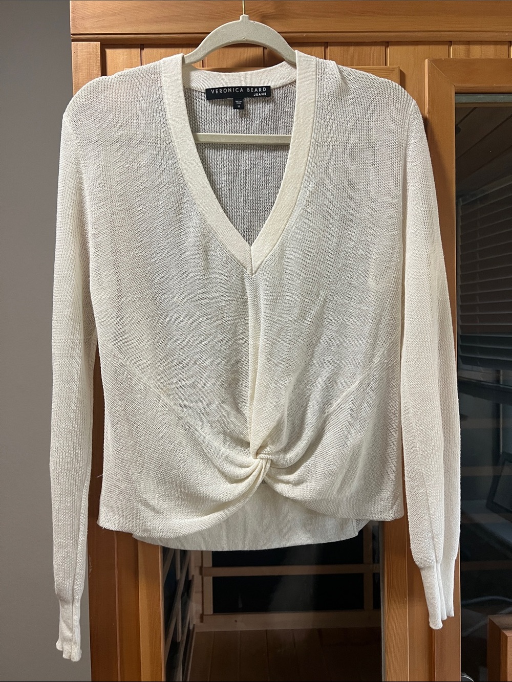 Veronica Beard Ivory Twist-Front V-Neck Sweater